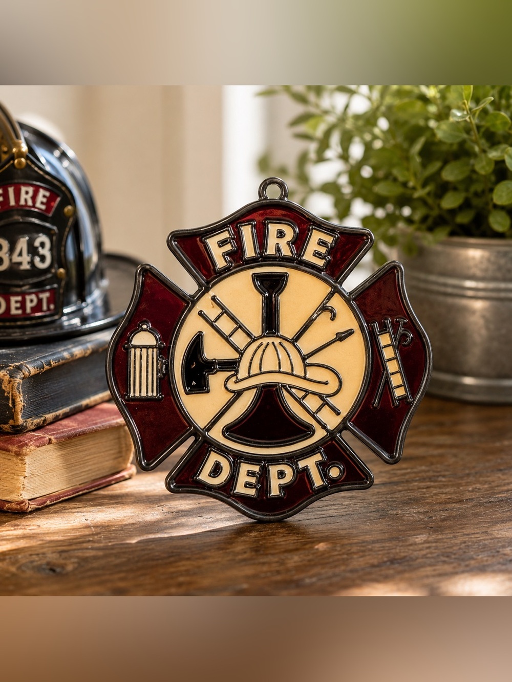 Vintage Stained Glass Fire Department Maltese Cross Suncatcher Wall Hanging